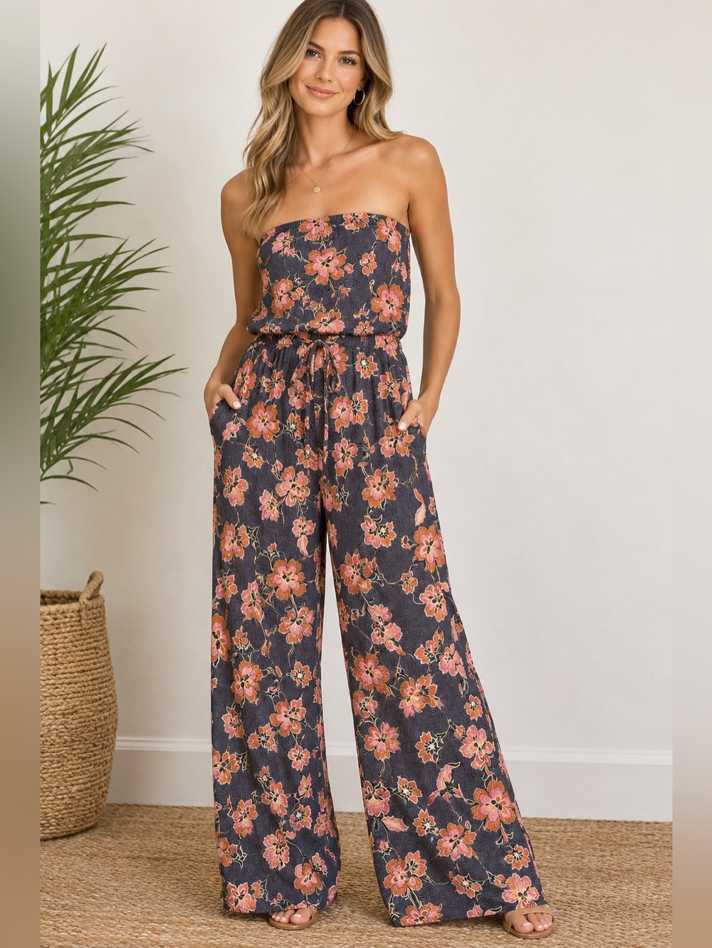 Maurices Strapless Floral Boho Wide-Leg Jumpsuit Large